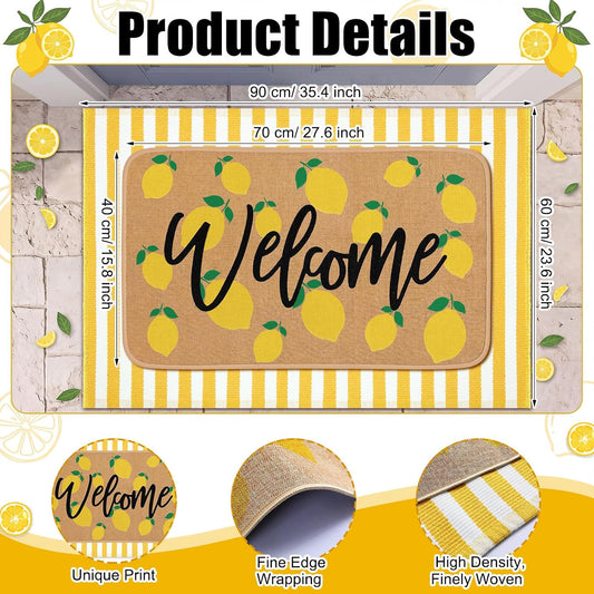 2 Pcs Summer Lemon Welcome Doormats Summer Lemon Outdoor Linen Rubber Door Mats Layered Yellow and White Striped Area Rugs Non Slip Italian House Decor for Indoor Entrance Porch Entryway