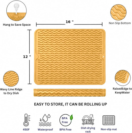 Silicone Drying Mat 16 Γ 12 β Non-Slip Sink Mat for Kitchen Counter, Heat-Resistant Food-Grade Dish Pad, Versatile Easy-Clean Multipurpose Drawer Liner (Yellow Tan, 16" x 12")