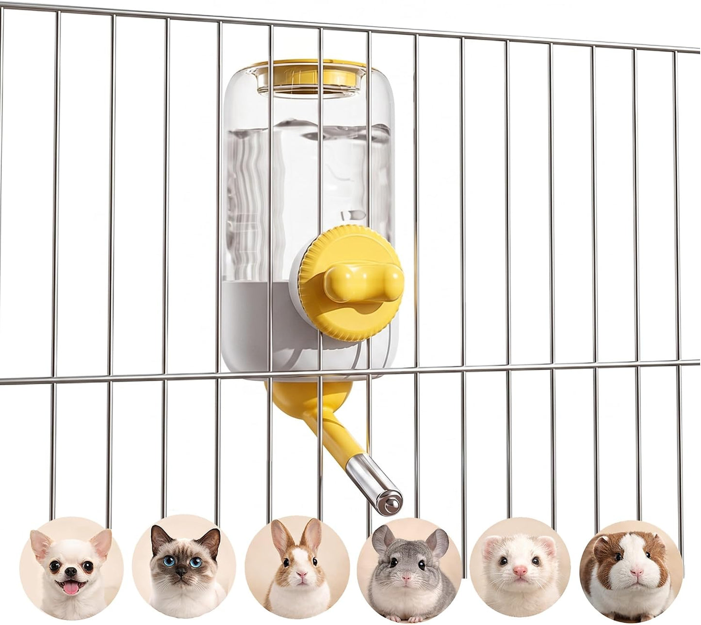 30oz Ball-Tip Hanging Water Bottle for Small Animal Cage Yellow | Visible Water Level, Controlled Drinking Flow, Helps Keep Bedding Drier, External Mount Saves Cage Space
