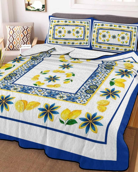 Quilts Queen Size, Blue Lemons Soft Comforter Bedding Set for Bed, Summer Watercolor Italian Style Flower Lightweight Quilted Bedspread with Pillow Cover(2 Pieces) for All Season, 90x96 Inch