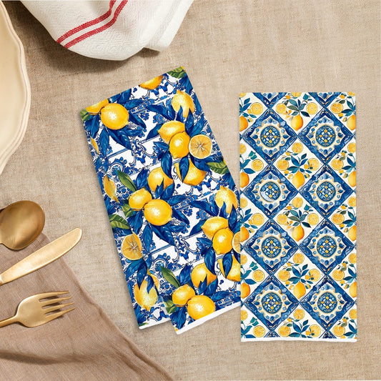 Blue and Yellow Italian Lemon Kitchen Towels, Lemon Gifts for Women, Mediterranean Italy Majolica Tiles Lemons Decorative Dish Tea Hand Towels for Kitchen Bathroom, 16x24 Inch Set of 2