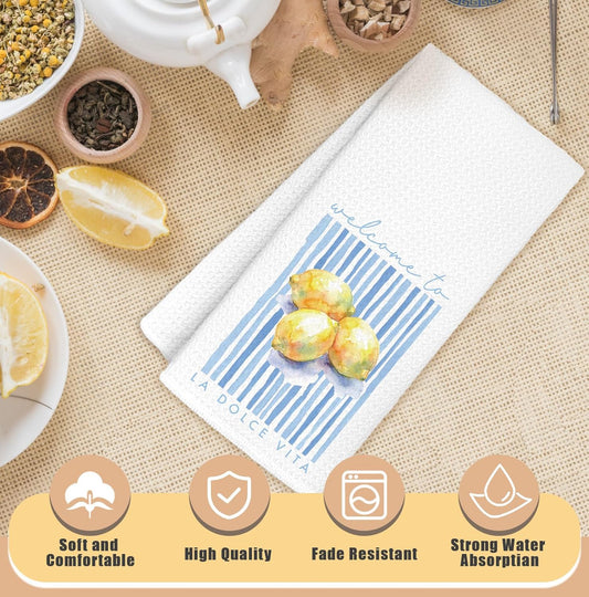 Italian Lemon Kitchen Towels, Mediterranean Kitchen Decor Hand Towels for Bathroom, Summer Amalfi Coast Lemon Blue Striped Decorative Dish Tea Towel, 16x24 Inch