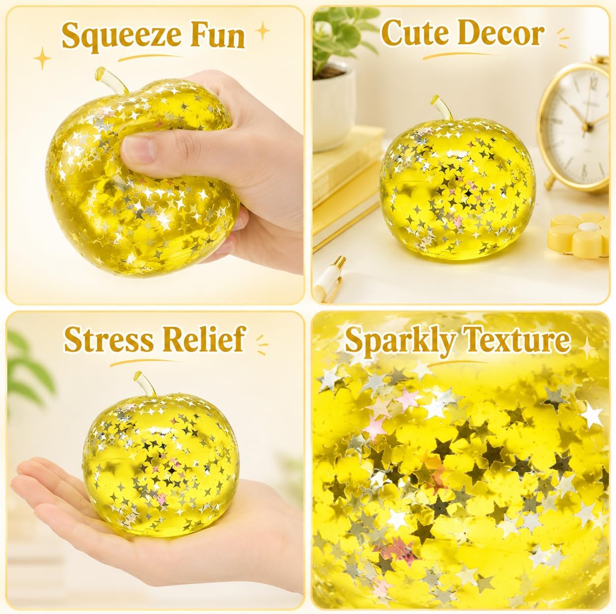 Apple Squishy, Squishy Apple with Glitter Star Pattern and Slow-Return Texture for Desk Display and Fruit-Themed Collectibles, in Yellow