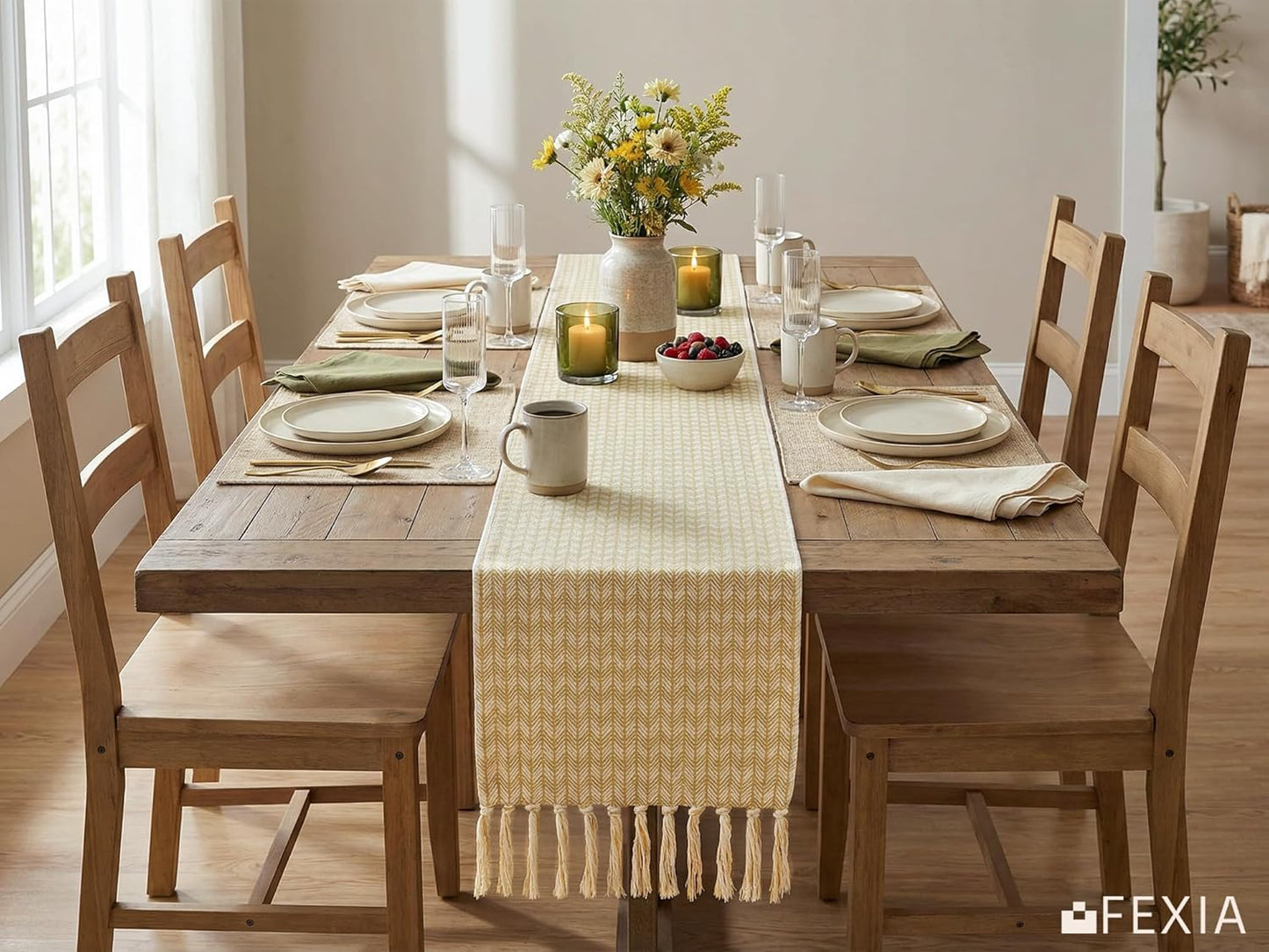 Boho Table Runner with Tassels 72 Inch, Woven Farmhouse Table Runner, Easter Table Decor for Dining Table, Sunny Spring Living Room Entryway Decoration, Mustard Yellow (13x72 Inch)