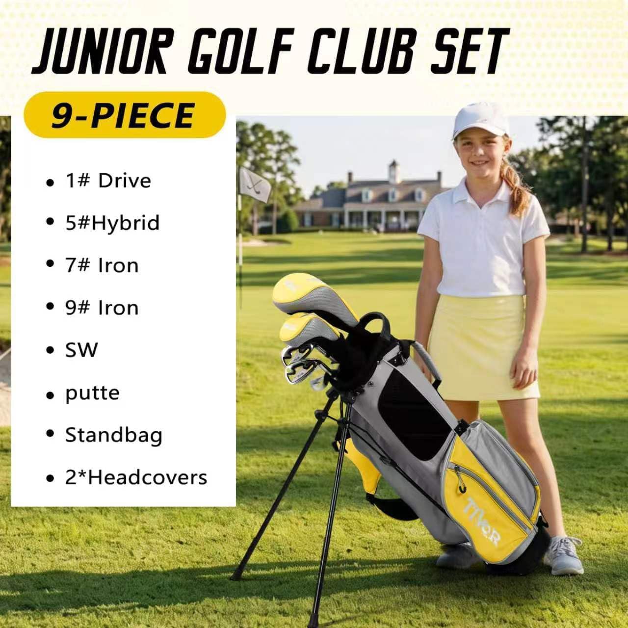 Kids Golf Clubs Set for Ages 9-12,Right Left Handed Youth Golf Clubs Set with 400cc Driver, Hybrid, 7 Iron, 9 Iron, Wedge, Putter, Stand Bag & 2 Headcovers,Junior Golf Clubs,Blue Yellow Pink