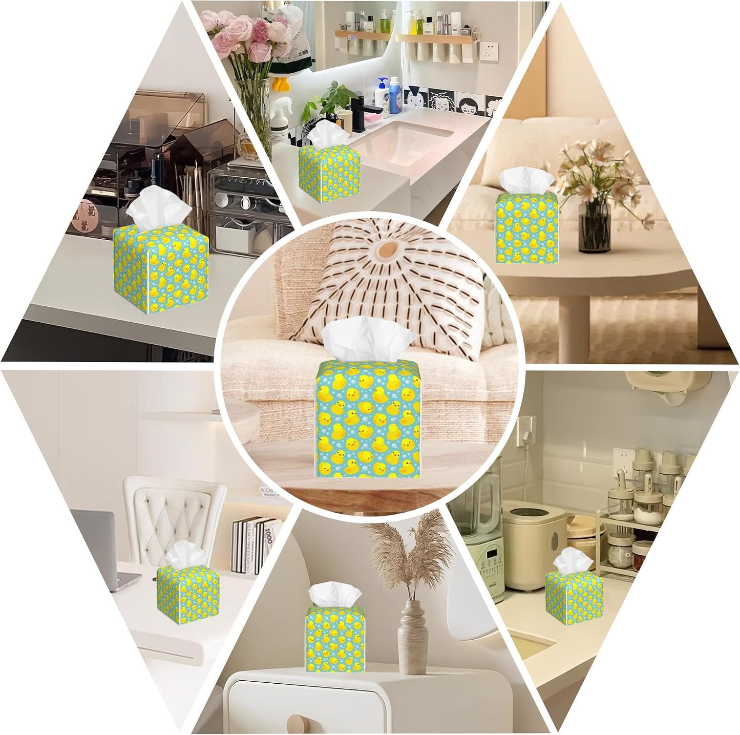 Yellow Rubber Ducks Tissue Box Cover Square, Tissue Box Holder with Bottom Belt Leather Facial Paper Organizer Dispenser for Bathroom Bedroom Dresser Night Stand Tabletop