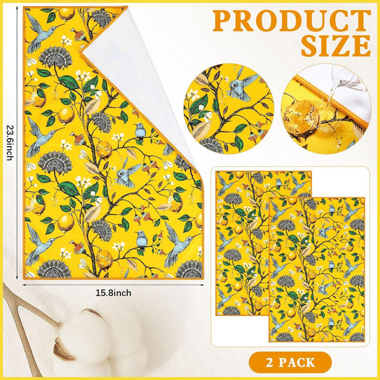2 Pcs Lemon Bird Kitchen Towels 16'' x 24'' Vintage Cotton Dish Towels Floral Print Absorbent Reusable Tea Towel for Cleaning, Farmhouse Decor, Housewarming Gift