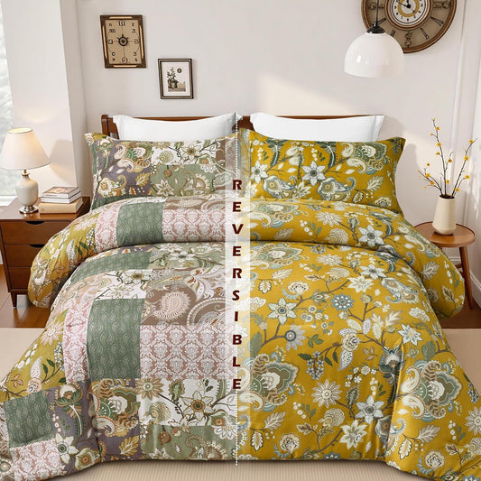 Boho King Size Comforter Set - 3 Piece Patchwork Vintage Soft Bedding Farmhouse Reversible Yellow Bed Set for All Season, 1 Lightweight Comforter (104"x90") and 2 Pillow Shams (20"x36")