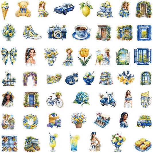 50Pcs Blue Yellow Watercolor Cottage Country Stickers | PET scratch-proof decals, residue-free reusable craft supplies & journal accessories for tumbler laptop luggage decor