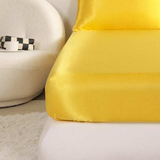 Queen Satin Bed Sheet Set, 4 Pieces Bed Sheet Set with Silky Solid Color, 1 Deep Pocket Fitted Sheet, 1 Flat Sheet, and 2 Pillowcases, Yellow
