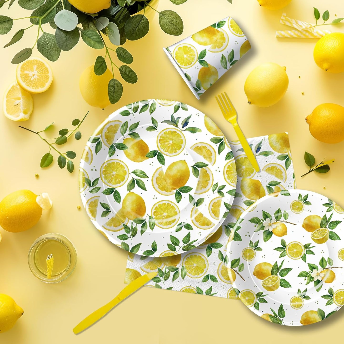 Lemon Party Decorations Tableware, Disposable Summer Theme Lemon Birthday Party Supplies, Paper Plate, Napkin, Cup, Cutlery, for Birthday Baby Shower Bridal Shower, 24 Guests