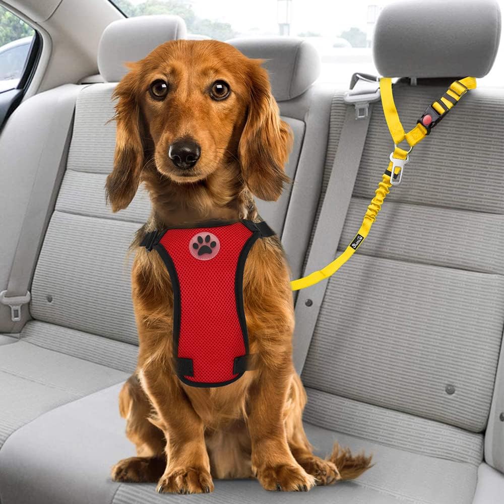 Dog Seat Belt for Car, 2 Pack Dog Car Harness Seatbelt with Bungee | 2 in 1 Pet Car Leash Headrest Restraint & Dog Safety Tether Clip, Adjustable with Elastic Buffer, Reflective, Yellow M/L