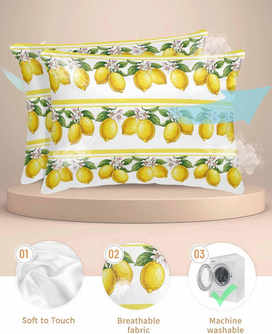 Lemon Summer Pillow Cases Standard Size Set of 2, Satin Pillowcase for Hair and Skin, Watercolor Fruits Yellow Stripes Throw Pillow Covers Cooling Pillow Protector with Zipper 20"x26"x2