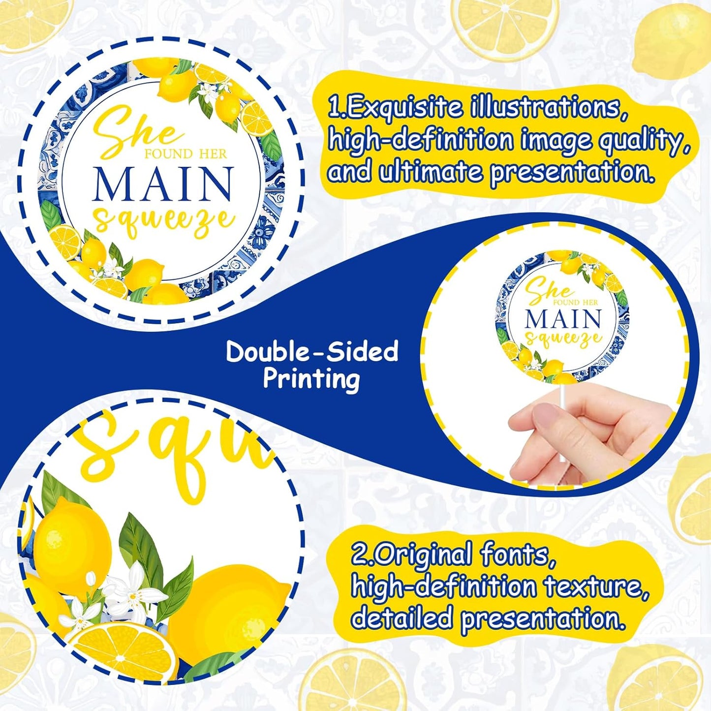 36Pcs She Found Her Main Squeeze Cupcake Toppers She Found Her Main Squeeze Bridal Shower Decorations Blue Tile Lemon Cake Decorations Circle for Women Bridal Shower Wedding Engagement Party Supplies