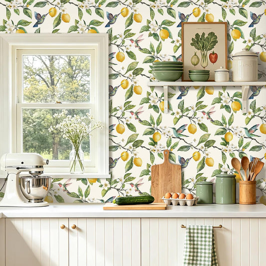 ICOOP Lemon Peel and Stick Wallpaper Farmhouse 17.5"x276" Fruit Bird Peel and Stick Wallpaper Kitchen Boho Contact Paper Neutral Cream Cottage Core Leaf Hummingbird Cabinet Contact Paper for Drawers