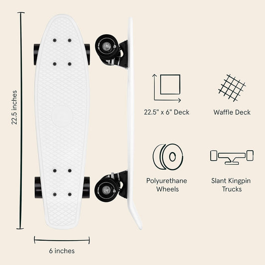 Quip Mini Cruiser Skateboard 22.5" Classic Retro Plastic Cruiser Complete Skateboard with ABEC 7 Bearings and PU Wheels Compact Board w/Grippy, Molded Waffle Deck