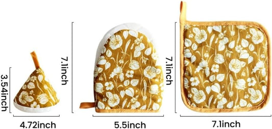 Oven Mitt and Pot Holder Set with Pot Lid Knob Cover, Heat Resistant Cotton Linen Kitchen Gloves and Hot Pads – Machine Washable, Set of 3 (Yellow Flower)