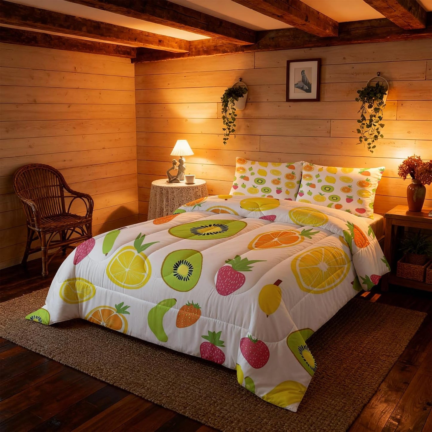 Fruit Comforter Queen Size, Lemon Kiwi Strawberry Banana Comforter All Season Down Alternative Queen, Fruit Bedding Set Bedroom Decor Duvet with Pillowcase