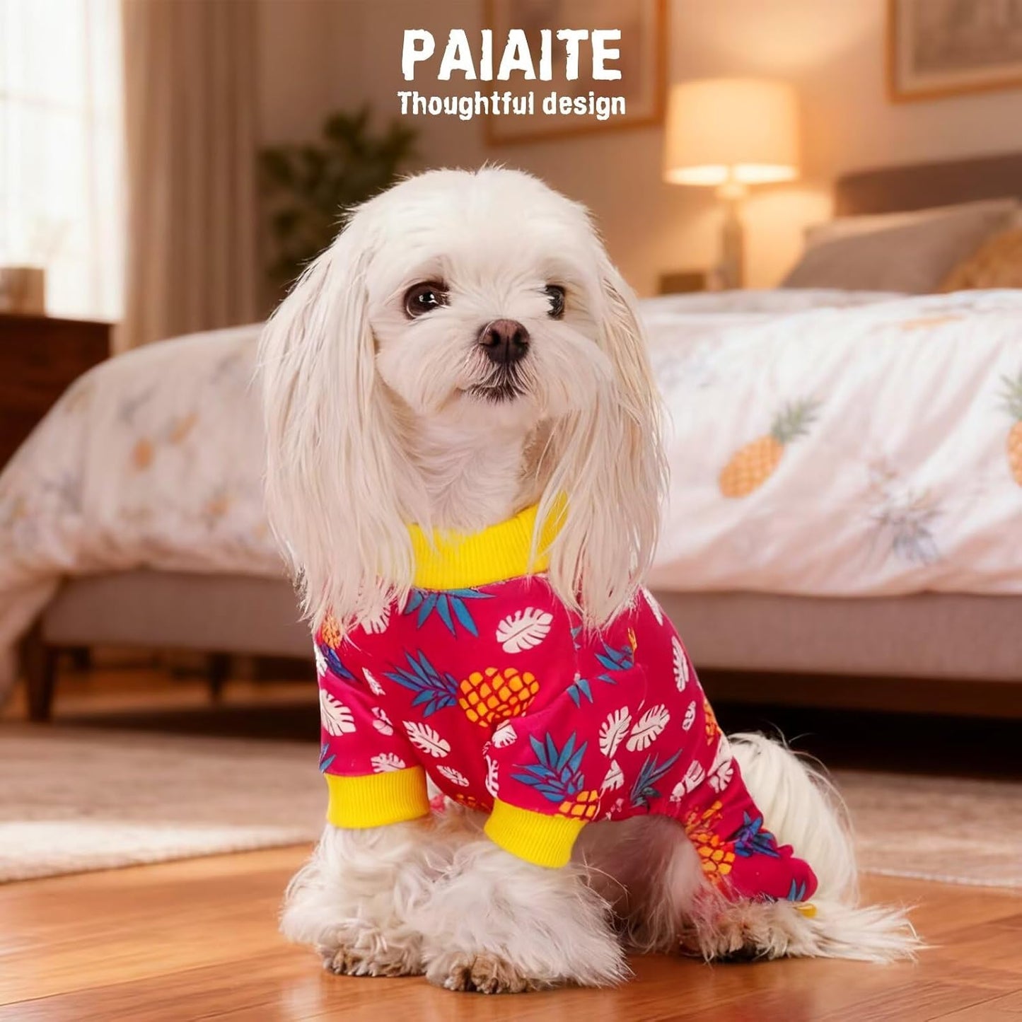 4-Legged Cotton Stretchable Jumpsuit Pjs: Pineapple Pattern Dog Pajamas - Lightweight Cozy Puppy Onesie Clothes, Comfortable Pet Sleepwear Jammies for Hair Shedding Coverage Yellow Edge M