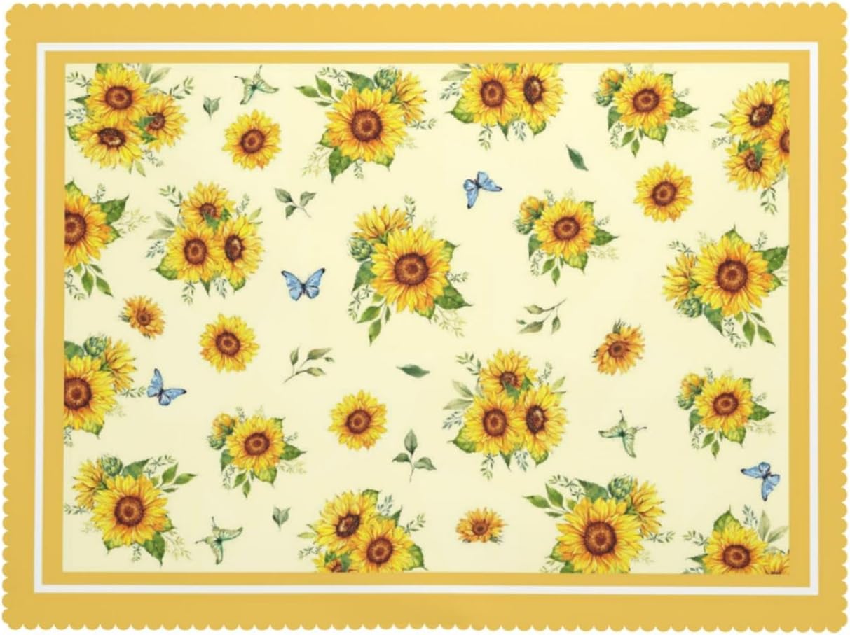 Sunflowers Pattern Tablecloth 54x72 Inches, Yellow Flower Rectangular Polyester Table Cover with Wave Lace, Washable Dining Table Cloth for Kitchen, Party, Outdoor