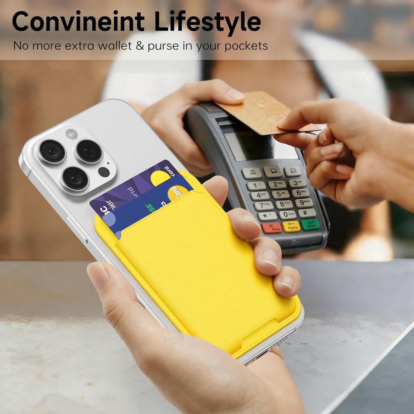 Phone Wallet Stick On, Slim Thin Adhesive ID Credit Card Holder Wallet Pocket Back of Phone Case, Hard Shell Plastic Sleeve Sticky Card Wallets Pouch for iPhone Samsung Pixel, Yellow