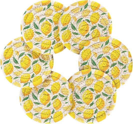 Lemons Absorbent Woven Coasters Set of 6 with Metal Holder 3.9 Inch Round Drink Coasters for Coffee Table, Home Bar & Office Decor Table Protection
