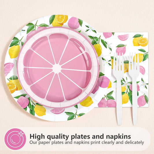 96 Pcs Lemon Party Decorations Pink and Yellow Lemon Plates and Napkins Disposable Summer Fruit Theme Tableware Set for Wedding Birthday Baby Shower Bridal Shower Party Supplies Serves 24