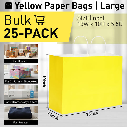 Yellow Gift Bags with Handles, 13x10x5.5 Inch Large Paper Bags for Birthday Party Wedding Shopping, 25 Pack