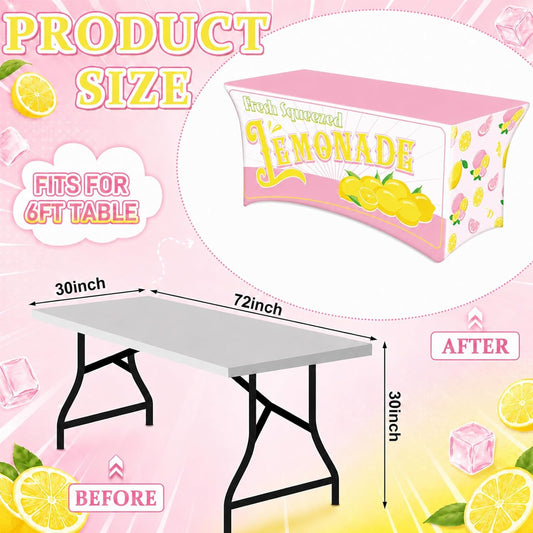 6FT Lemonade Spandex Tablecloth Lemon Theme Stretch Spandex Table Cover Lemonade Stand Supplies Rectangular Fitted 6Ft Lemon Party Decoration Tablecloth for Summer Lemons Birthday Picnic Supply (Pink)
