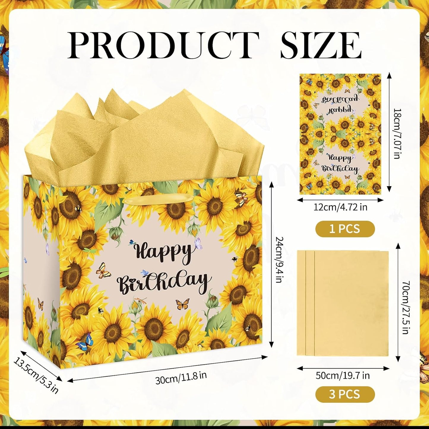 Sunflower Birthday Gift Bag Yellow Sunflower Paper Bag with Card Yellow Tissue Paper Sunflower Wrapping Paper Bag for Women Girls Christmas Wedding Birthday Party Supplies