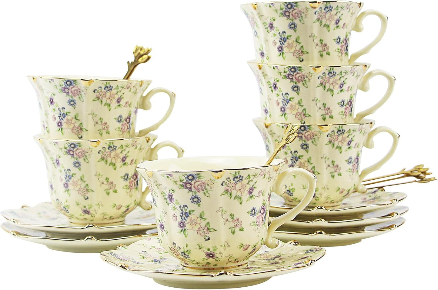 Country Roses Porcelain Tea Cup and Saucer Set with Gold Trim, Vintage Style, For Women and Tea Parties (1, Yellow)