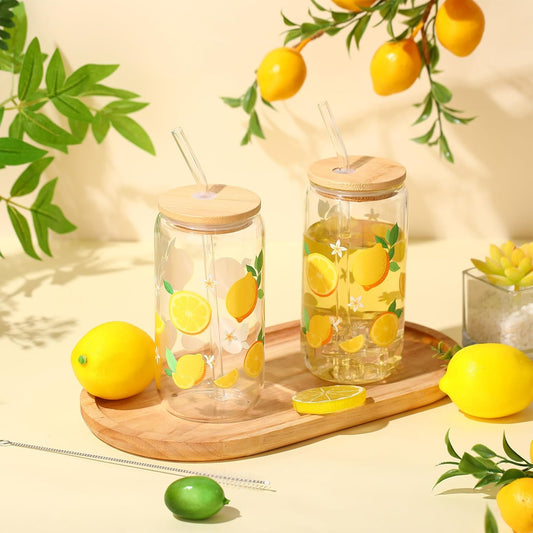 2 Pcs Lemon Glass Cups Summer Drinking Tumbler 16 oz Iced Coffee Cup with Lid Straw Cleaning Brush Cute Beer Can Tumbler Holiday Gifts for Spring Summer Home Office Decorations