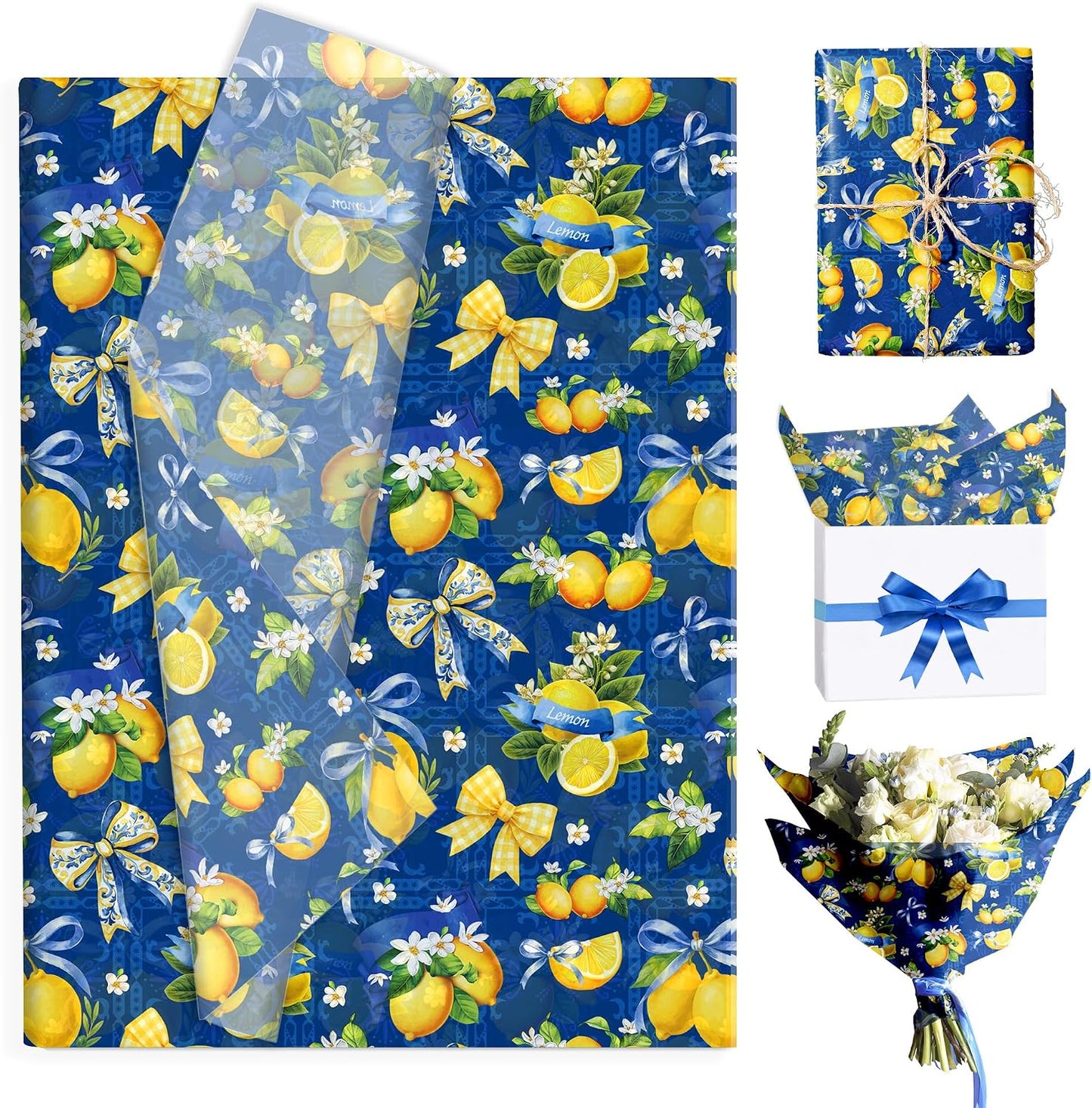 100Pcs Blue and White Porcelain Lemon Bow Tissue Paper for DIY Gift Wrap | fruit wrapping tissue paper, Flower bouquet tissue paper, floral tissue paper, Coquette gift packaging tissue paper