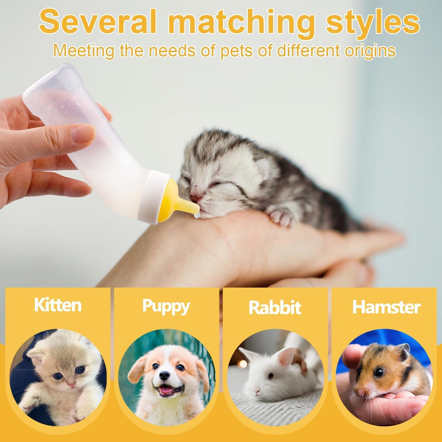 Kitten Nursing Nipple with Syringe, Wide Mouth Angled Puppy Feeding Bottles, with Ventilation Valve Resistant Tearing for Puppies, Kittens, Rabbit, Small Wildlife (L Nipple,Yellow)