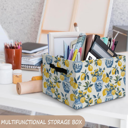 Chinoiserie Italian Lemon Floral Foldable Storage Bins Box with Handles, Mediterranean Blue and White Lemon Botanical Collapsible Organizer Basket for Bedroom Bathroom Clothes Toys Books