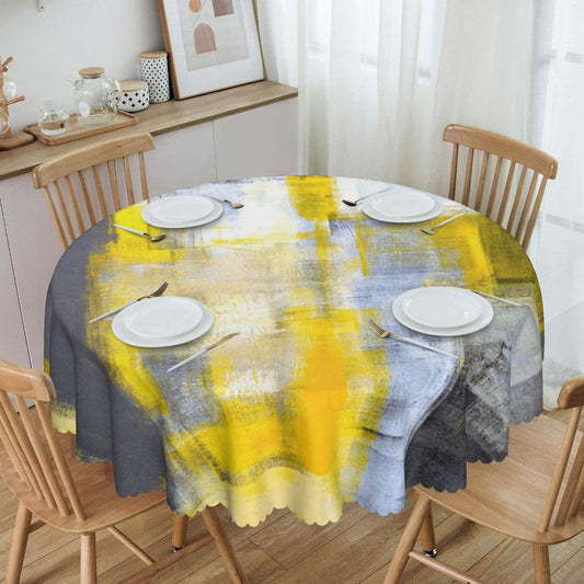 Grey and Yellow Abstract Art Painting 60 Inch Round Lace Tablecloth, Vintage Floral Table Cover for Wedding Banquet, Brunch Party, Coffee Shop Dining Table Decoration