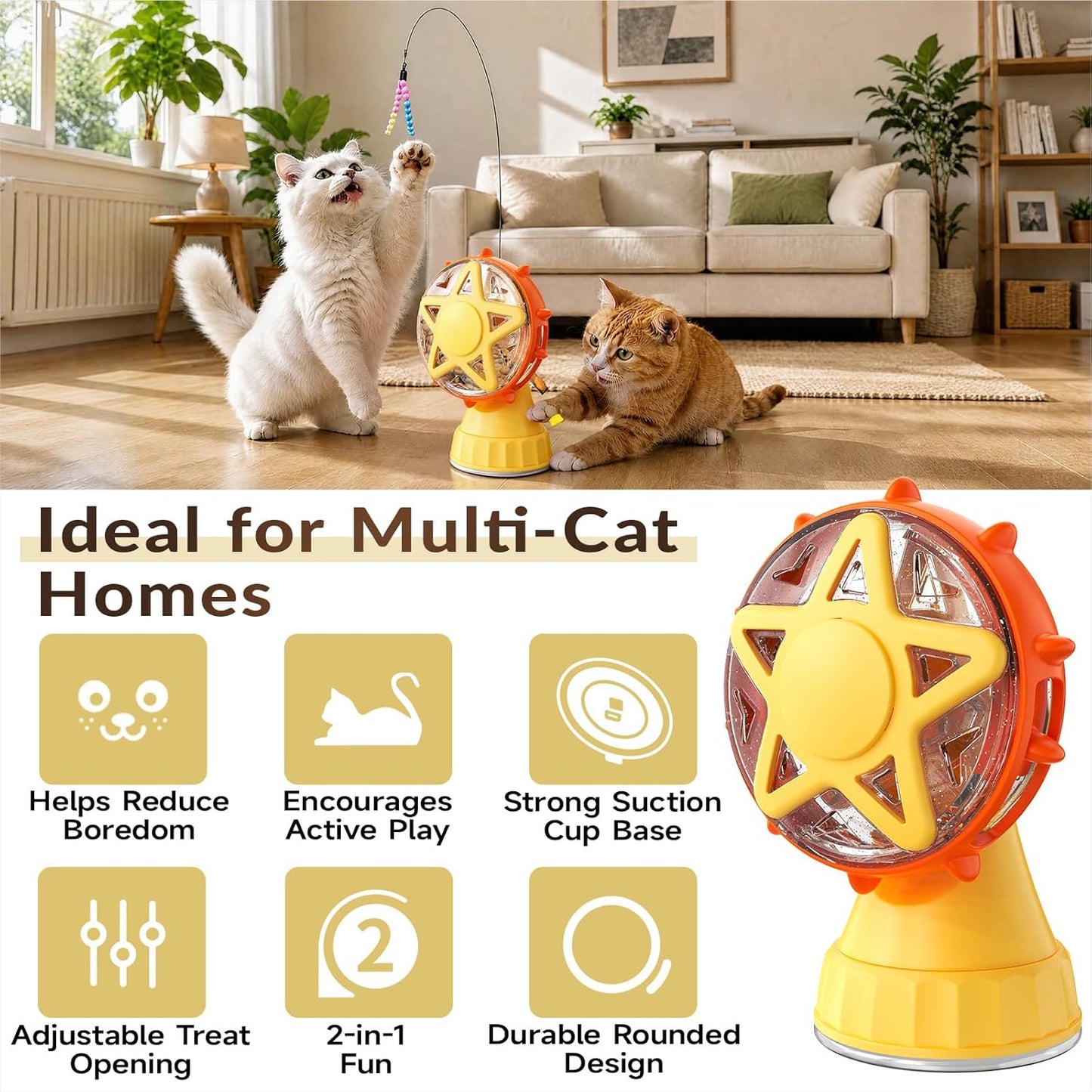 2-in-1 Cat Toys Food Dispenser & Teaser Interactive Toys (Yellow) | Multi-Play Puzzle Toy For Indoor Cats, Kitten Slow Feeder, Adjustable Treat Dispensing, Mental Stimulation, Boredom Buster