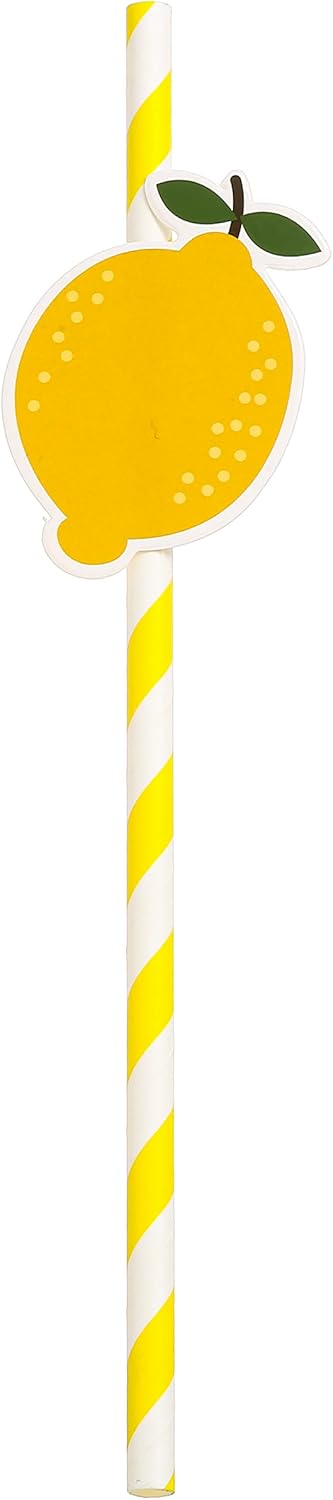 Lemon Biodegradable Paper Straws,Lemon Birthday Party Striped Decorative Straws - Set of 20.