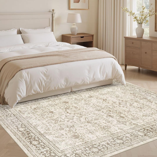 Area Rug 9x12 Washable Vintage - Soft Traditional Rugs for Living Room Large Non Slip Backing with Low Pile Farmhouse Oriental Retro Carpet for Bedroom Dining Room or Home Office - Yellowish Brown
