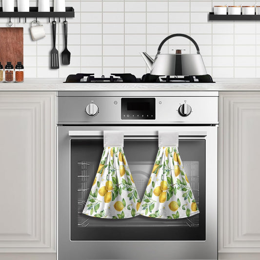 Spring Lemon Kitchen Hand Towels with Loop 2 Pcs Summer Leaves Yellow Lemons Hanging Dish Towels Soft Absorbent Tie Towel Dishcloths for Bathroom Kitchen Washroom 17 x 12 in