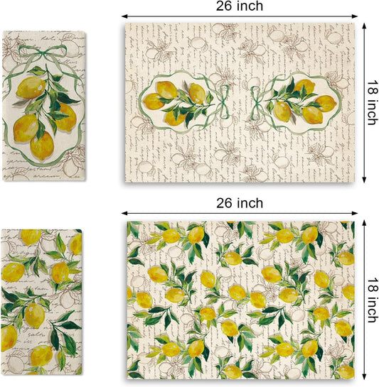 Vintage Lemon Kitchen Dish Towels Set of 2, Retro Citrus Fruit Bow Botanical Drying Hand Towel Baking Cooking Cloth, Spring Summer Farmhouse Bathroom Home Decoration 18'' x 26''