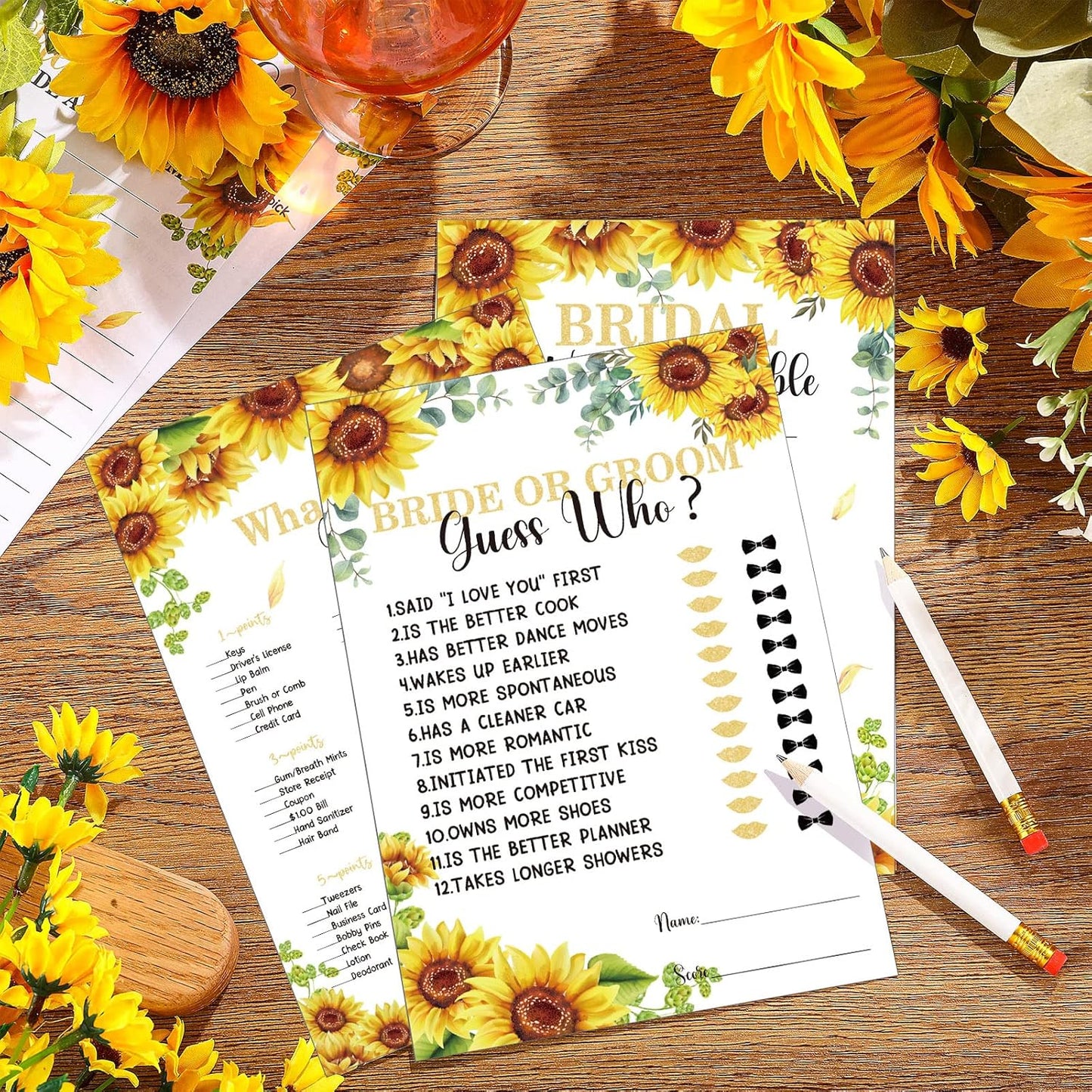 145 Pieces Bridal Shower Game Bridal Shower Favors Set Wedding Games Cards and Pencils for Bride Groom Bachelorette Party Wedding Party Favor(Sunflower Style)