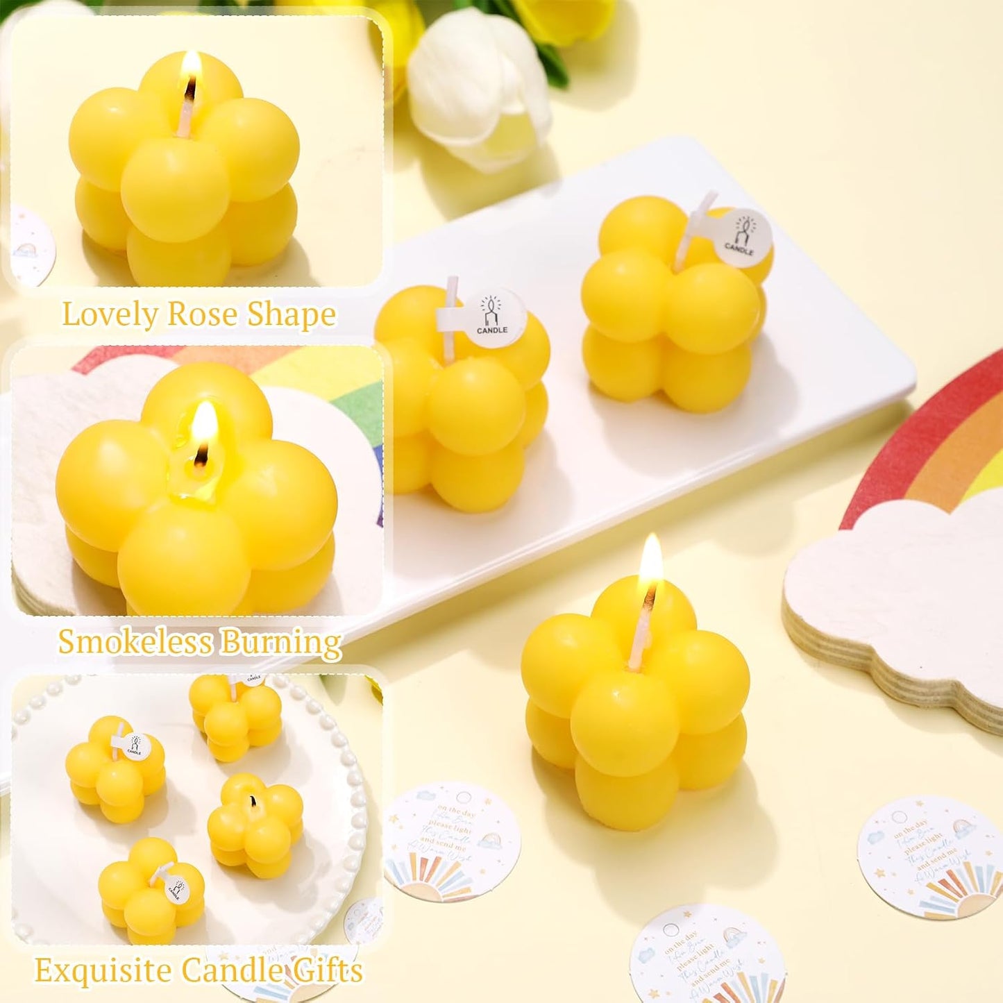 24 Sets Here Comes the Son Baby Shower Favors Small Bubble Candle for Guests Tea Candles Bulk with Stylish Ribbons Cards Gifts Party Decoration(Yellow, Sun)