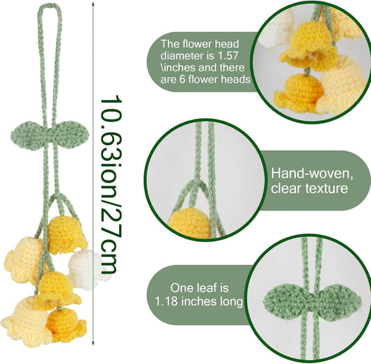 Crochet Flower Car Hanging Ornaments Yellow Rearview Mirror Hanging Accessories for Women and Girls Cute Crochet Tulip Hanging Plant Decor for Decoration Pendant Car Accessories Pendant