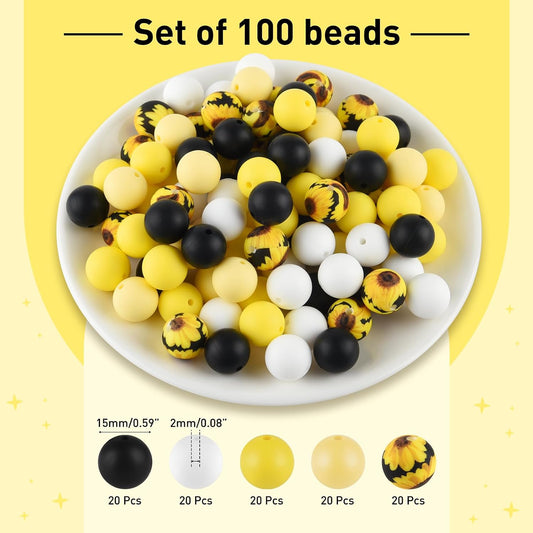 100 Pcs 15mm Silicone Beads for Keychain Making, Yellow Black Round Beads for Bracelets Beadable Pens Decorations Crafts Making Party Favours Supplies