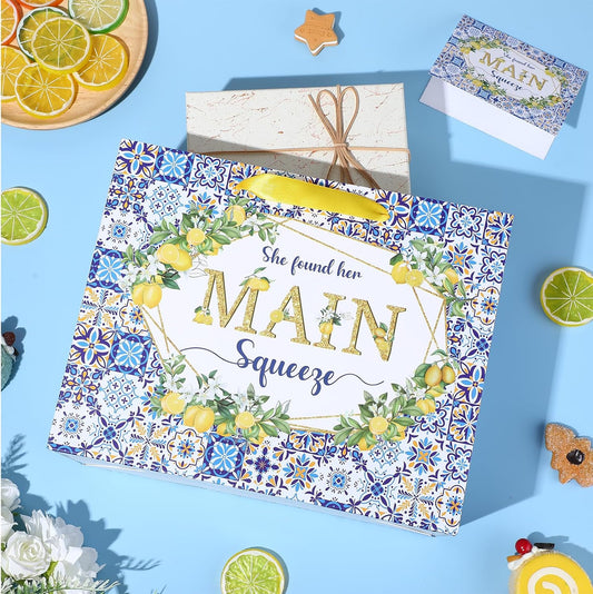 Capri Lemon Bridal Shower Gift Bags She Found Her Main Squeeze Party Favors Bags with Tissue Paper Greeting Card Blue Tiles Yellow Lemon Paper Bag for Lemon Bridal Shower Engagement Party Decorations