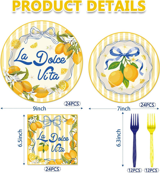 96Pcs La Dolce Vita Paper Plates Napkins Forks Lemon Citrus Party Tableware for Italian Summer Theme Girls Weekend Bachelorette Supplies Serve 24 Guests