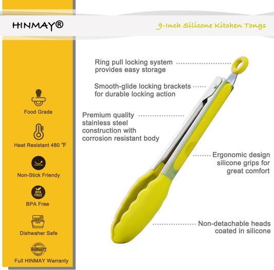 Silicone Tipped Tongs 9" Kitchen Cooking Tongs, Set of 3 (Yellow)