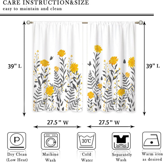 Yellow & Gray Flower Small Kitchen Curtains Floral Window Treatment Wildflower Rod Pocket Cafe Short Window Curtains for Bathroom Dining Laundry Room Plant Tier Treatment Drapes 27.5x39 inch