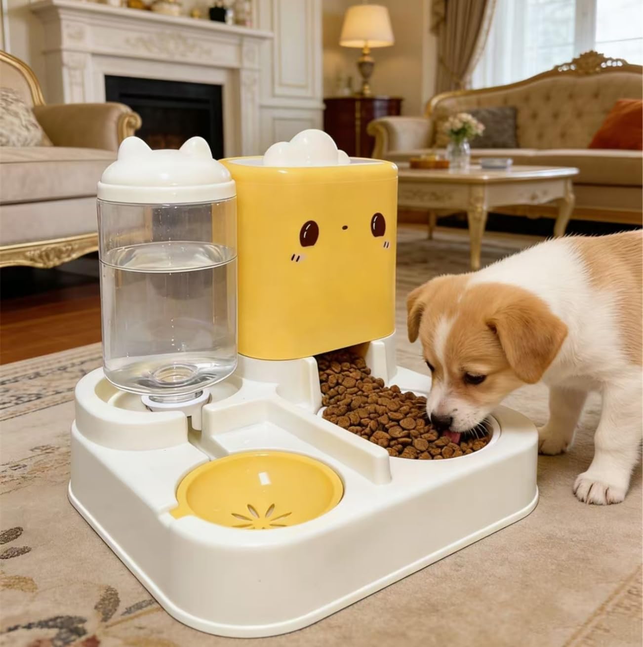 Pet Automatic Feeder Dog Cat Feeding Bowl and Water Dispenser with Refillable Storage Container Large Capacity Rabbit Feeder Watering (Yellow)